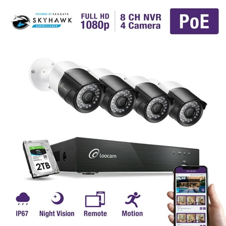 Loocam 1080p PoE Video Surveillance Camera System, 4 x Wired 2MP Security Bullet IP Cameras, 150ft Night Vision, 8 Channel NVR Security System w/ 2TB HDD, Motion Alert, Android and iOS (Best Ip Camera App For Android 2019)