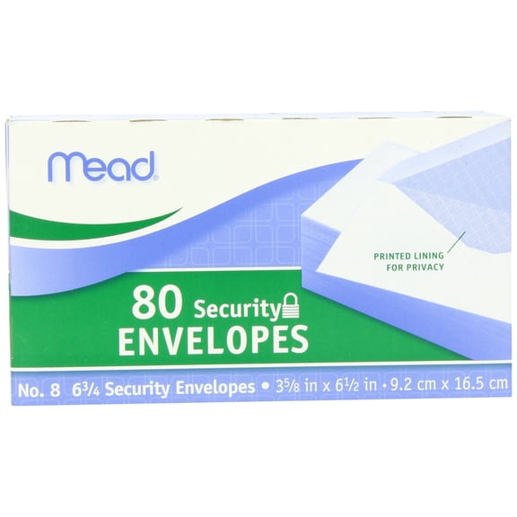 Mead White Security Envelopes Security - #6 3/4 - 6 1/2" Width x 3 5/8" Length - 20 lb - Gummed - Wove - 80 / Box - White
