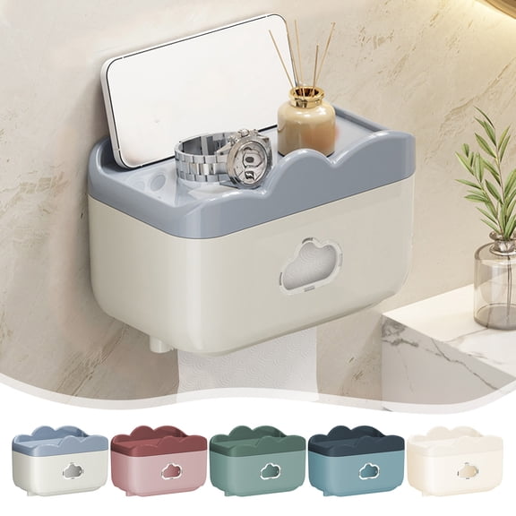Tissue Box Wall Mount, Sleek Beige Abs Toilet Paper Dispenser with Storage Shelf for Phones and Watches, No-drill Waterproof Bathroom Organizer, Topliu