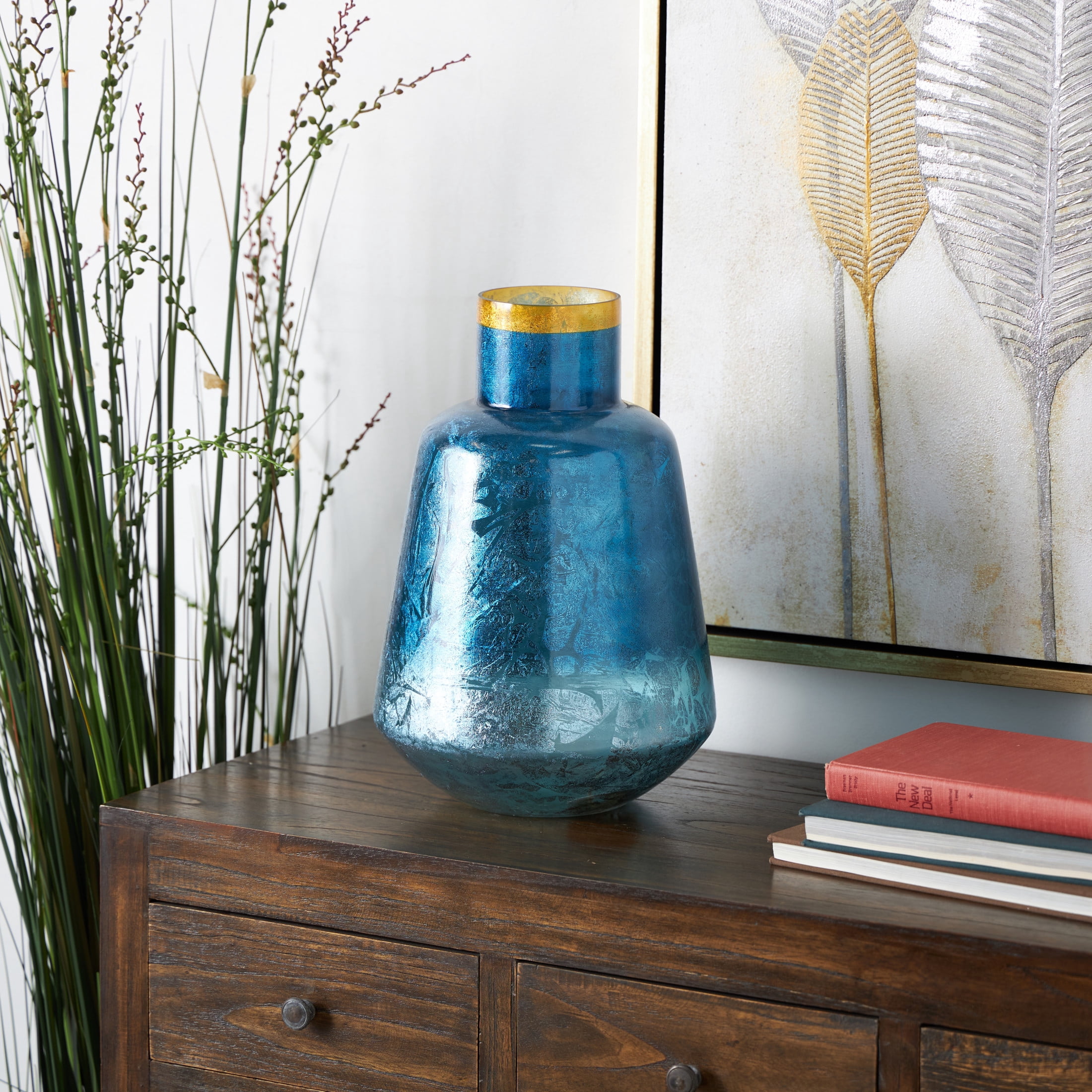 DecMode 14" Handmade Blue Glass Vase with Gold Rim