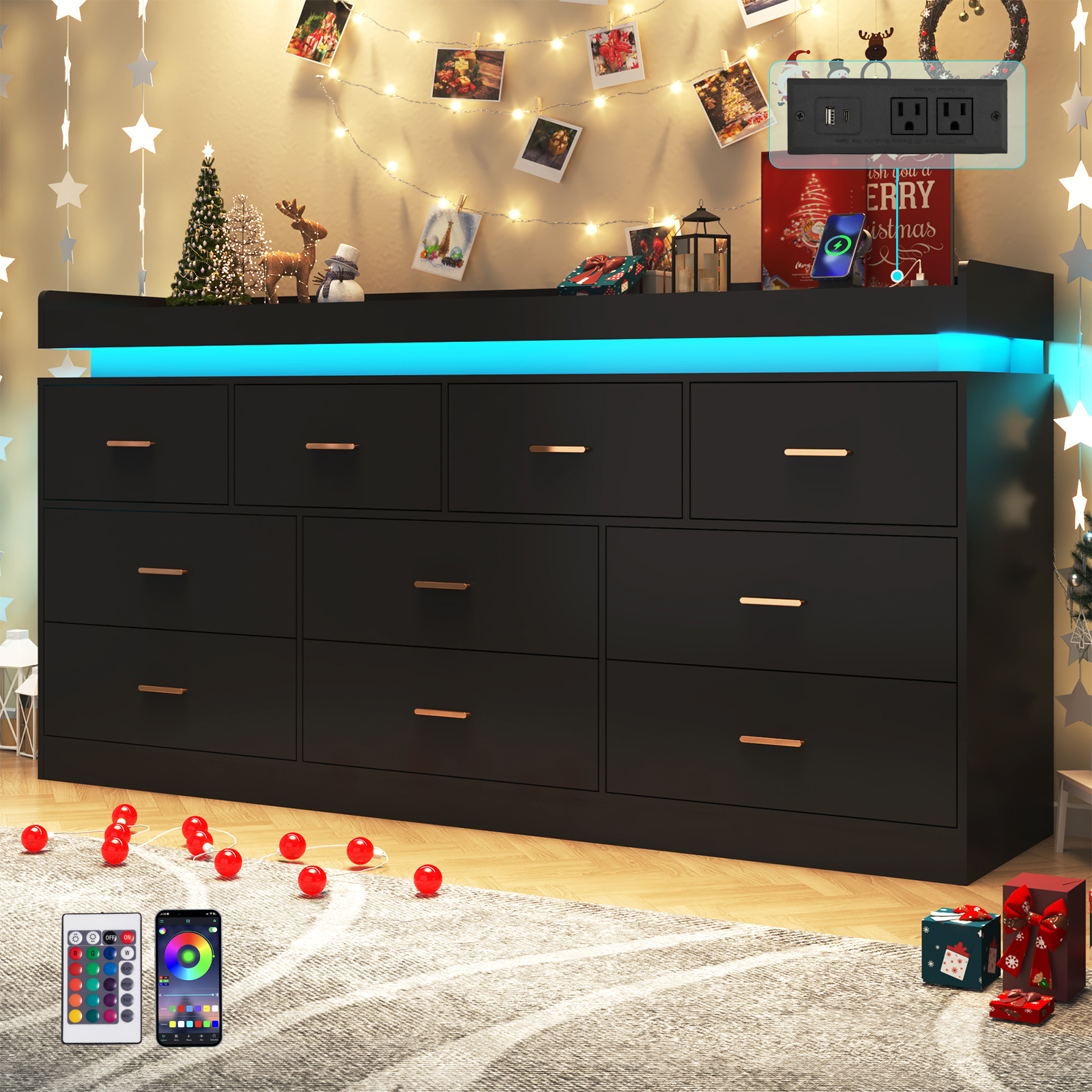 ChVans 10 Drawer Dresser with LED Lights and Charging Station, 70" Wide wood Chest of Drawers and Metal Handles, 39.8" Tall drawers dresser for bedroom, Living Room, Entryway, Hallway