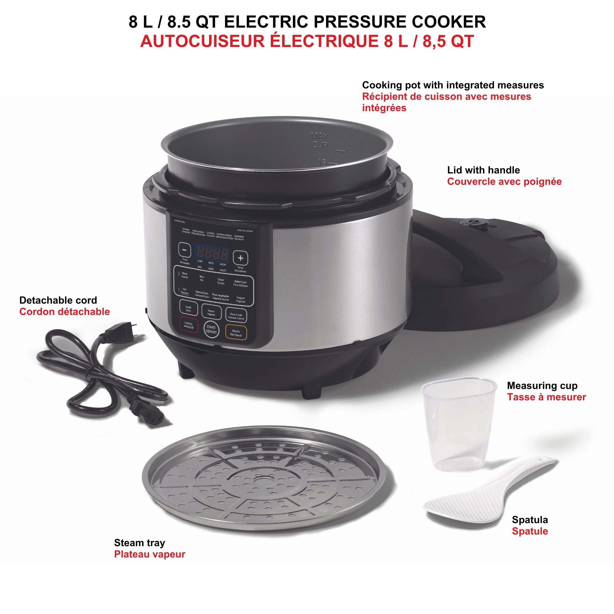 Starfrit Electric Pressure Cooker 8L (8,5Qt) Capacity, Steam Tray, Measuring Cup & Spatula, 11 Preset Cooking Functions, Black