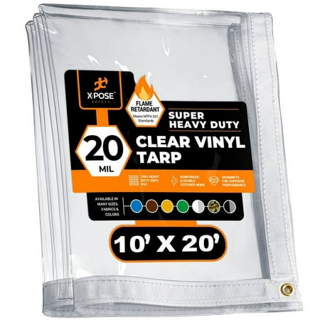 10  x 20  Clear Vinyl Tarp - Fire Retardant 20 Mil Super Heavy Duty Transparent Waterproof PVC Tarpaulin with Brass Grommets - for Patio Enclosure  Temporary Wall  Multipurpose - by Xpose Safety