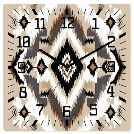 Black Brown Wooden Wall Clock Silent Non Ticking Boho Vintage Southwestern Ethnic Geometric Square Wall Clocks Battery Operated Decor Clock for Home Office Living Room Kitchen 10 Inch