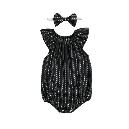 

Tretra Infant Baby Girls Plaid Stripe Off Shoulder Fly Sleeve Romper + Headwear