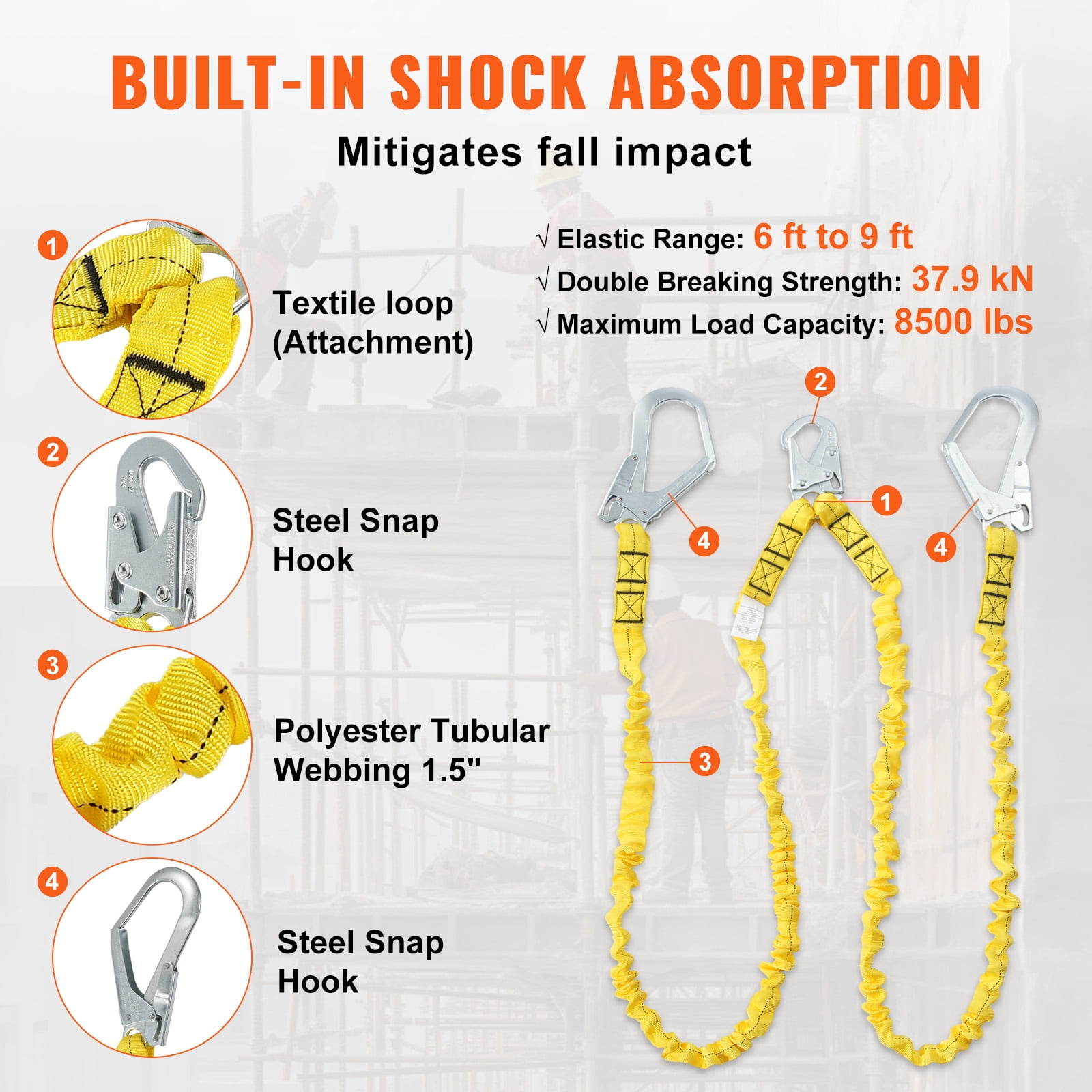 KFFKFF 38mm Protective Lanyard, 6ft Safety Cord with Dual Alloy Snap Hooks, Flexible Security Strap for Tree Climbing, Indoor/Outdoor Use, 38KN Tensile Strength, Yellow