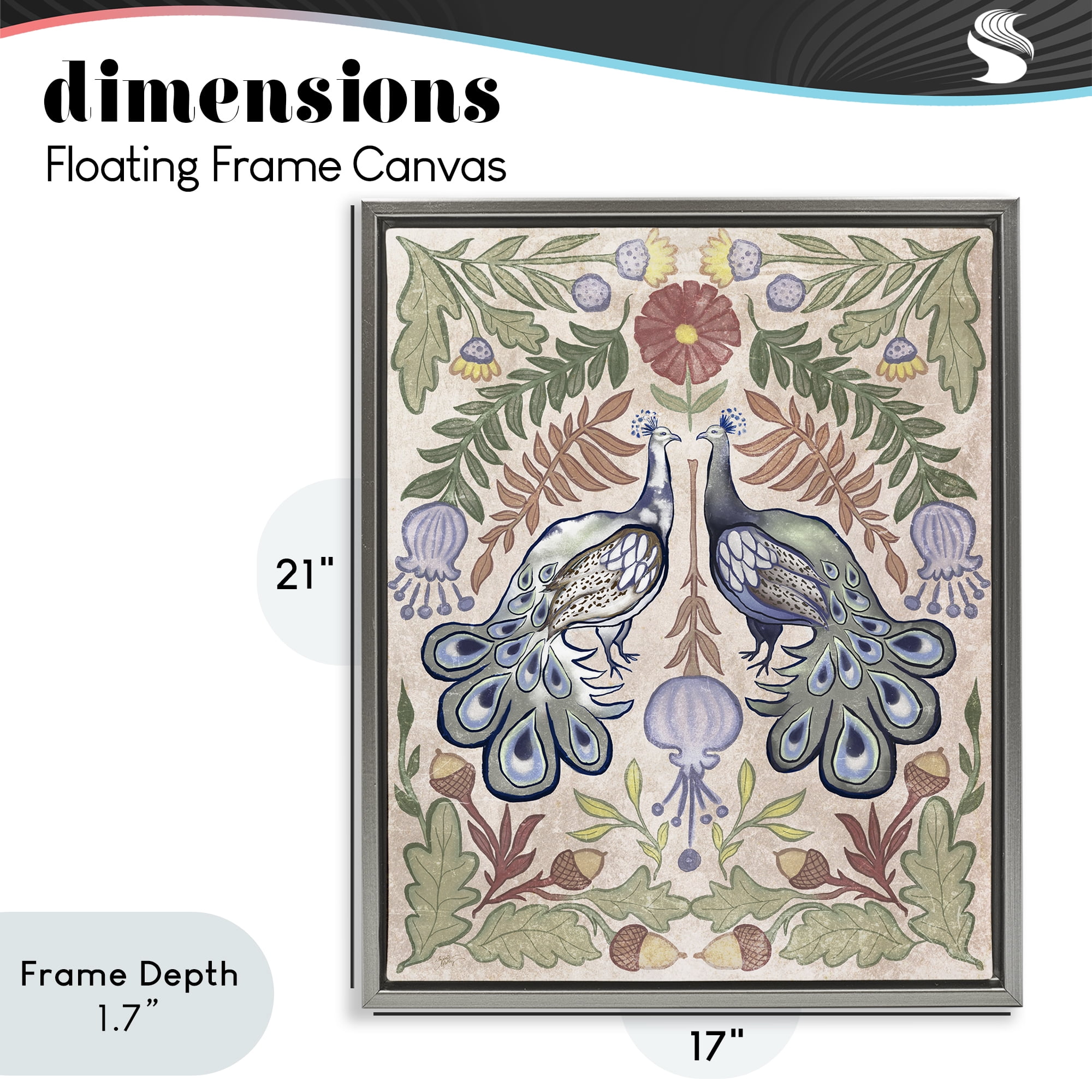 Stupell Industries Symmetrical Peacock & Flower Pattern Gray Framed Floater Canvas Wall Art, design by Elizabeth Medley