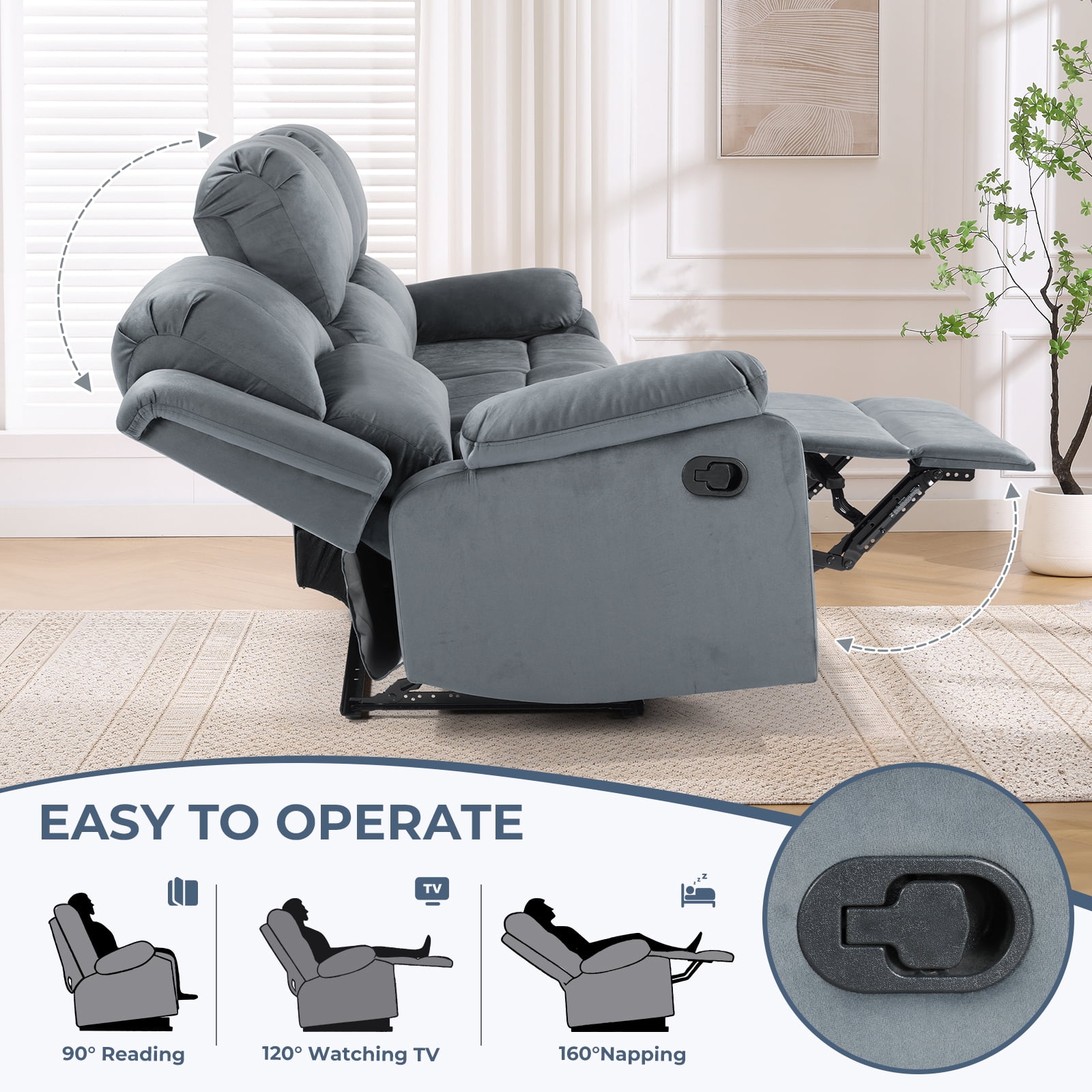 Bonzy Home Manual 3-Seat Reclining Sofa 3-Seater Couch with Overstuffed Arms & Backrest, Gray