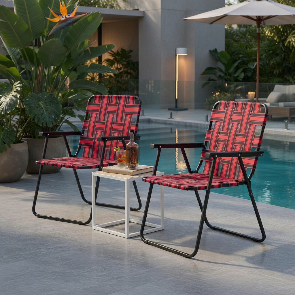 Hommoo 2-Pack Foldable Beach Chairs for Camping, Lawn & Outdoor Use, Rust-Resistant Steel Frame, Fade-Proof PE Webbing, Lightweight & Portable, Red