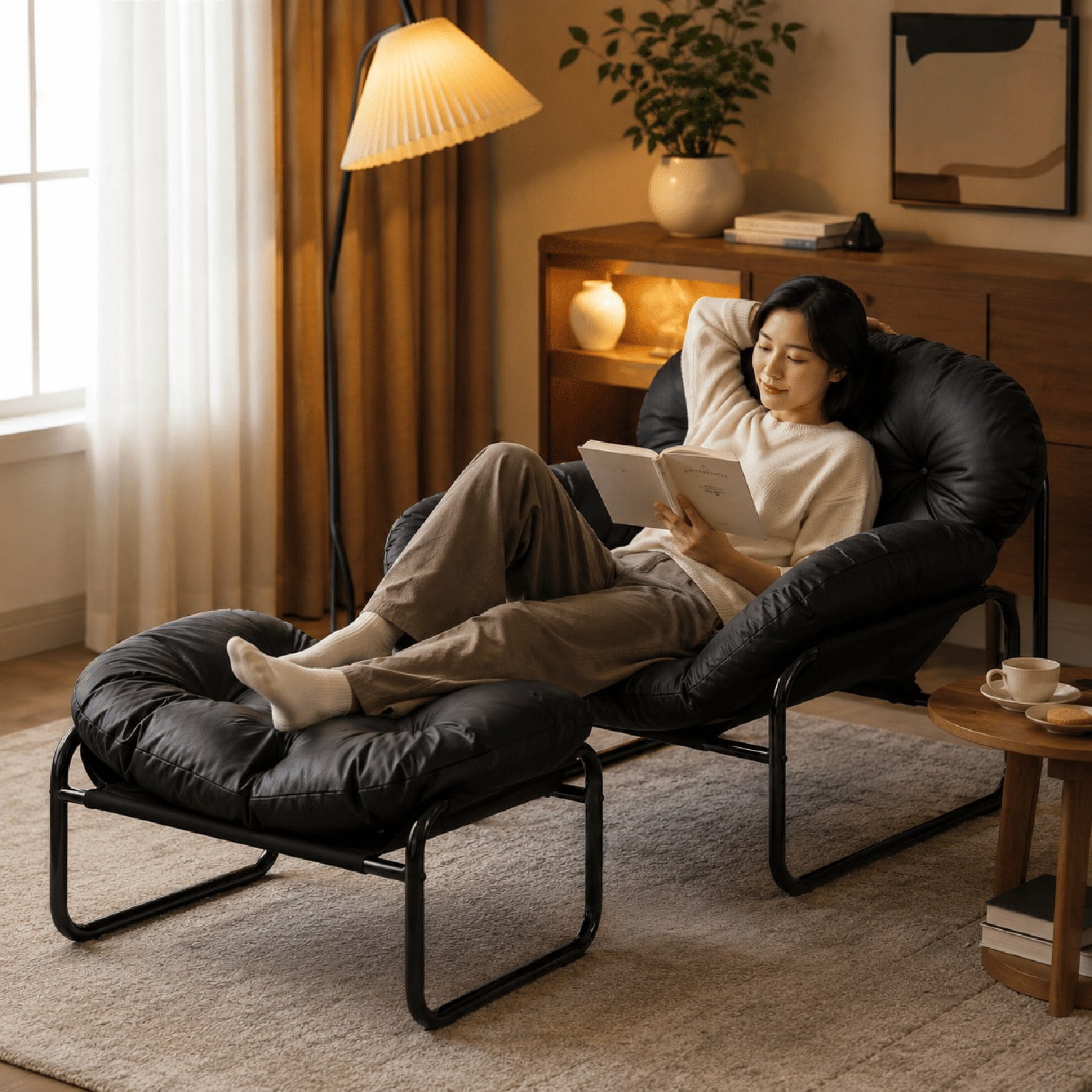 Lazy Chair with Footstool, Thick Cushioned Recliner with Faux Leather Upholstery and Stainless Steel Frame, Ergonomic Accent Chair for Living Room, Bedroom, Dorm