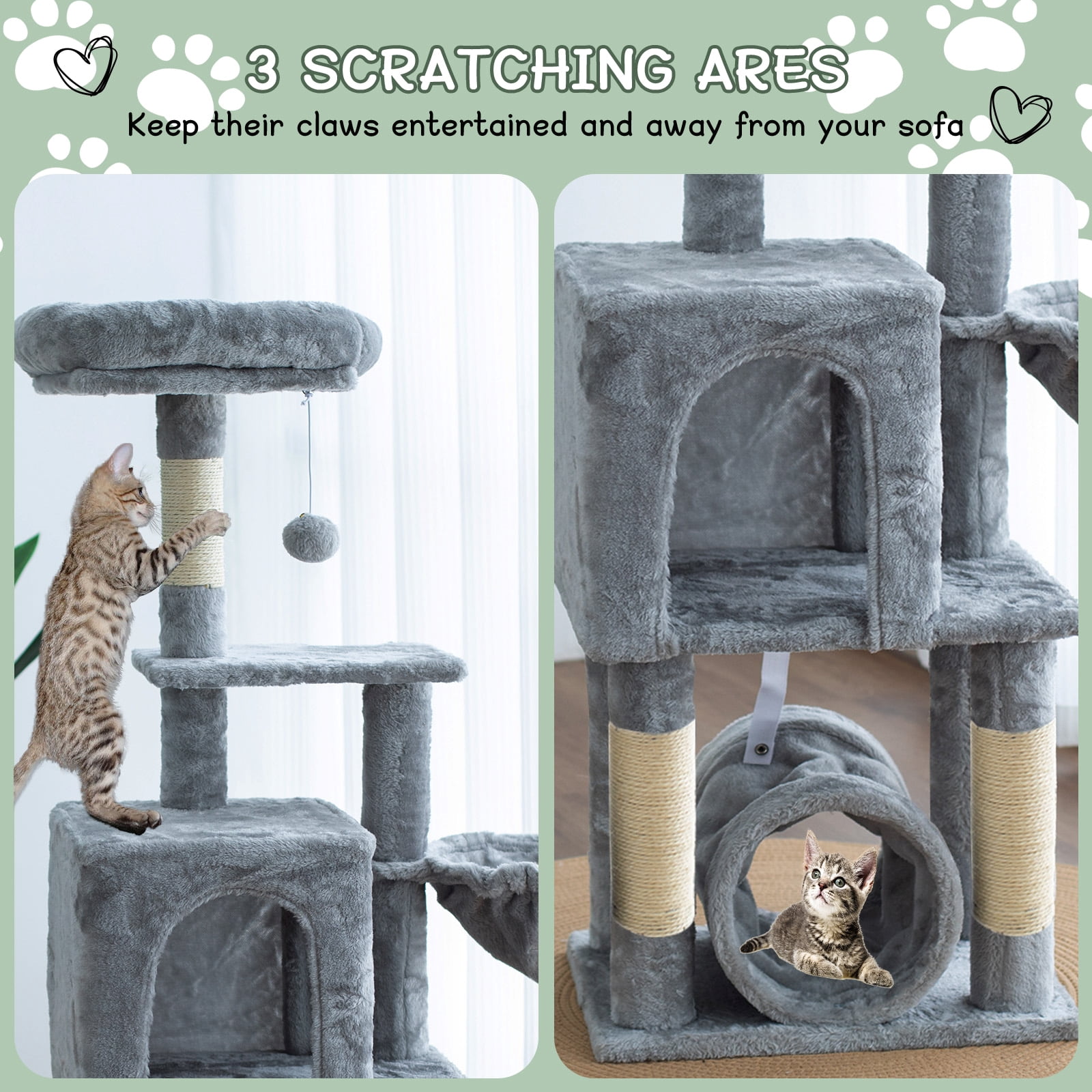 Senbonry Cat Tree for Indoor Cats with Scratching Posts, 49in Small Gothic Tower with 9 Inchs Tunnel, Condo, Basket, Pompoms,Light Gray