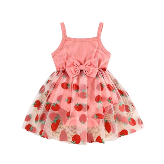 RMGVDSD Baby Girls 1St Birthday Outfit Spaghetti Straps Tulle Romper Dress Sleeveless Bowknot Bodysuit Strawberry Tutu Princess Dress 6-9 Months