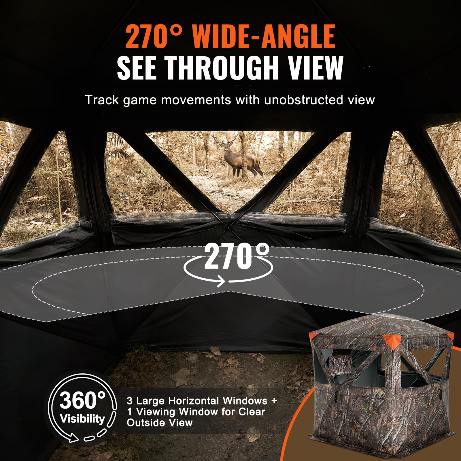 KFFKFF Hunting Shelter, 270° Visibility Ground Shelter, 2-3 Person Instant Setup Wildlife Blind with Transport Bag, Durable Outdoor Hunting Hub, 3 Side Windows for Turkey and Deer Stalking