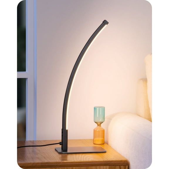 EDISHINE Curved LED Table Lamp, Modern Bedside Lamp with 3 Color Temperature & Stepless Dimming, Aluminum & Iron, Nightstand Lamp for Bedroom, Living Room, Black