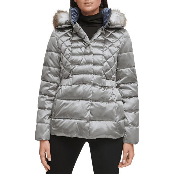 Kenneth Cole Mixed Quilted Metallic Puffer with Faux Fur Trimmed Hood (Gunmetal, Large)
