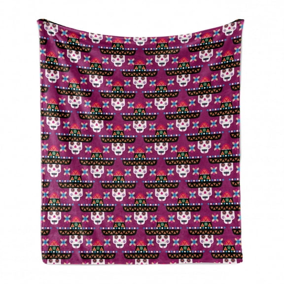 Cinco de Mayo Soft Flannel Fleece Throw Blanket, Traditional Mexican Ornamental Skull Motif with Sombrero Hat, Cozy Plush for Indoor and Outdoor Use, 50" x 60", Dark Magenta Multicolor, by Ambesonne
