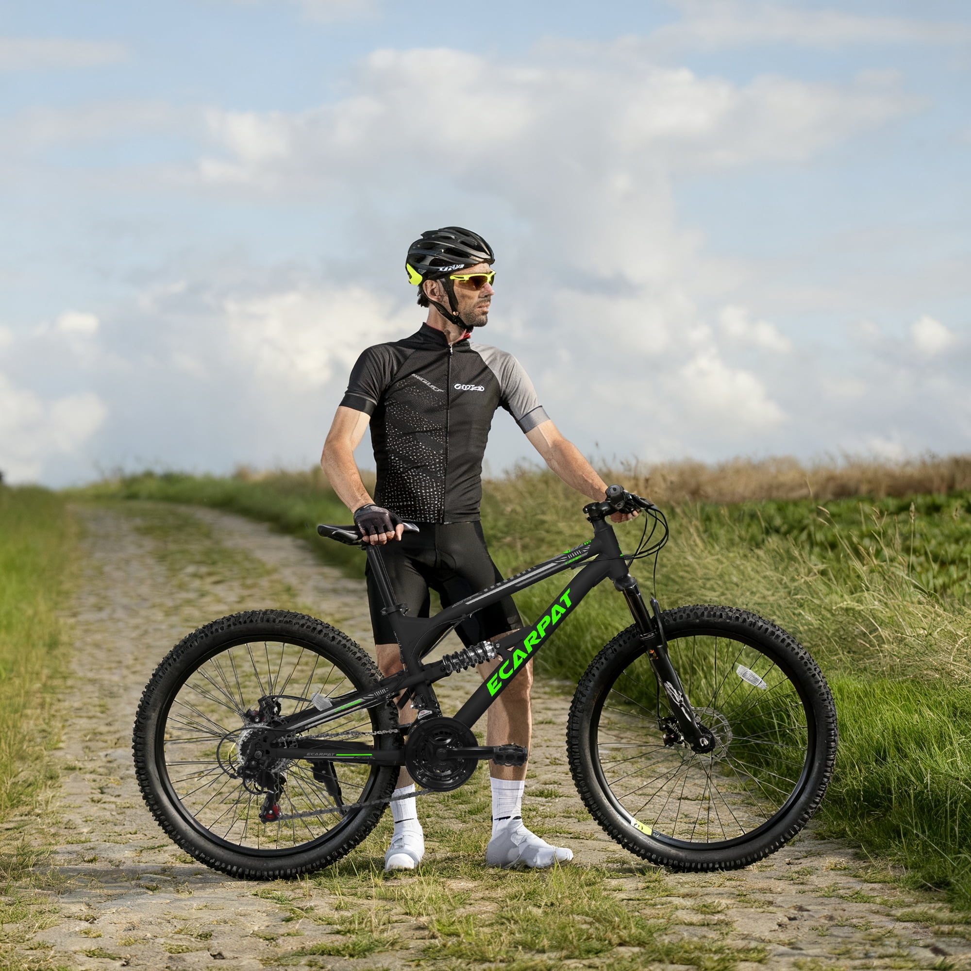 26 Inch Mountain Bike Full Suspension, 21 Speed Mountain Bicycle with Double Disc Brakes, Carbon Steel Frame Commuter City Bike for Adult Men Women, Black-Green