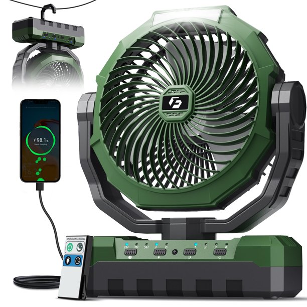 Ventilador para camping FRIZCOL con batería de 48.000 mAh, luz y control remoto, verde