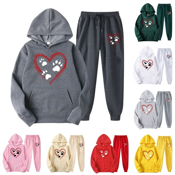 Feancey Womens Sweatsuits 2 Piece Set Valentines Day Casual Heart Print Hoodies and Jogger Pants Matching Sets Cute Y2K Tracksuit Two Piece Beige L