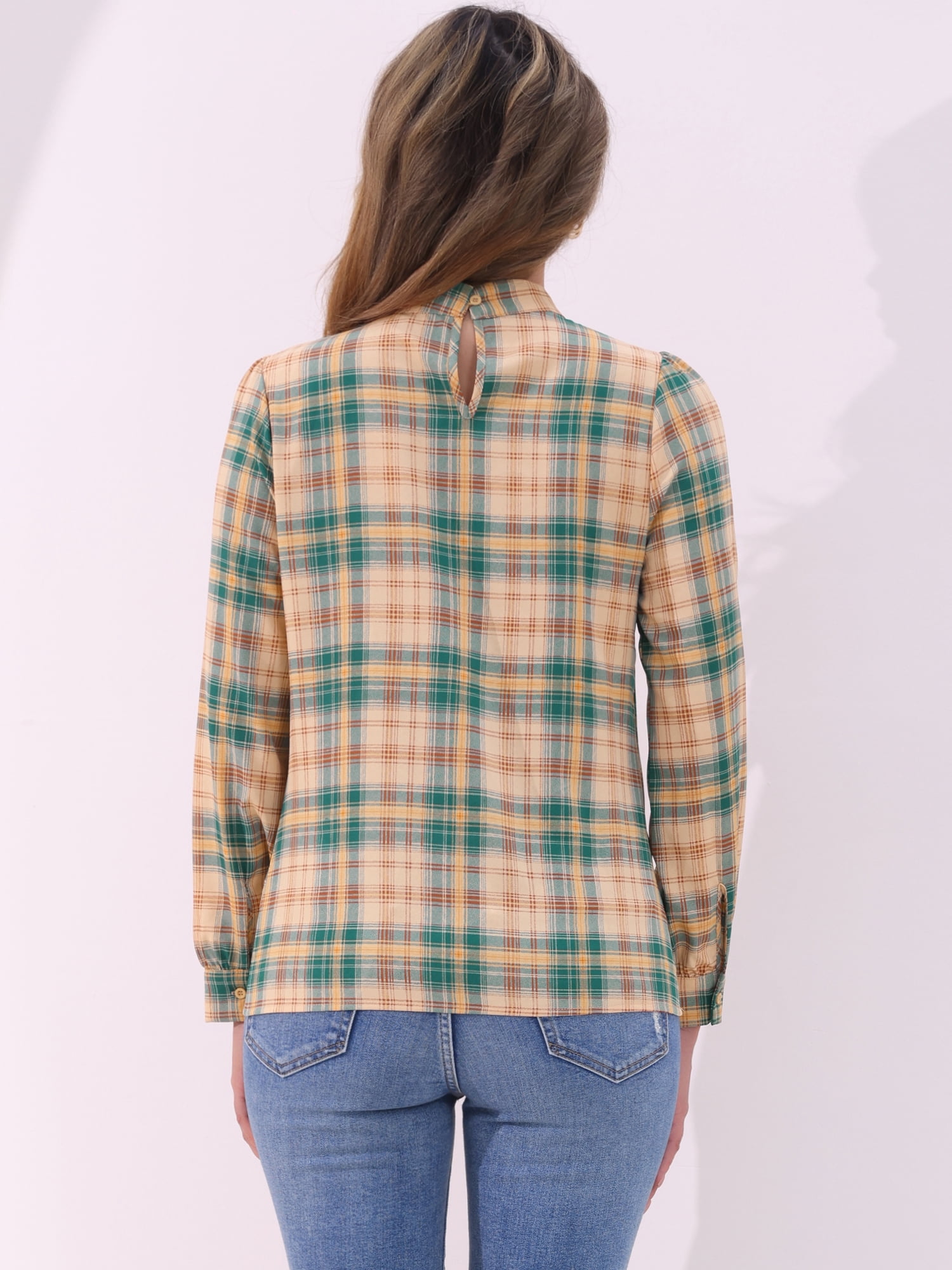DARING DIVA Bow-Tie Neck Office Work Checks Shirt Top S khaki Brown Green