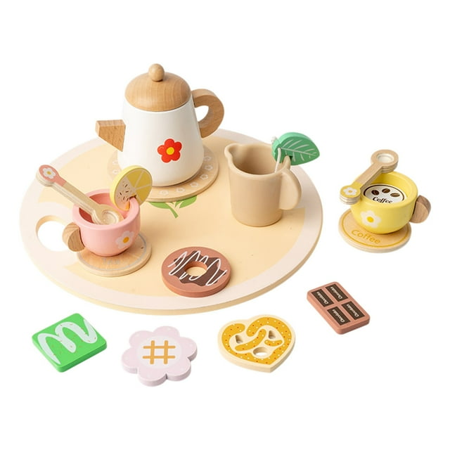 Yellow Simulated Tea Set For Pretend Play Wooden Afternoon Tea Toy With Tray Pastel Style Social Interaction Set