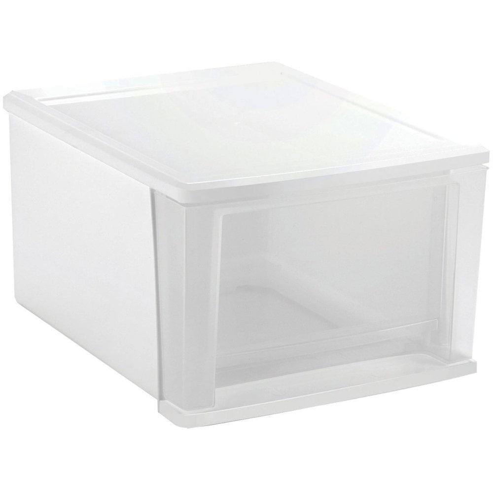 IRIS SD30 Stacking Drawer, Medium, White/Clear, Drawer stops to