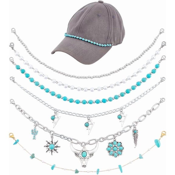 6Pcs Trucker Hat Chains Flower Cactus Cattle Head Chams Decorative Chain Accessory for DIY Caps Tucker Hat Bar Supplies Turquoise Metal Chains Charms Strap for DIY Baseball Cap Billed Hat
