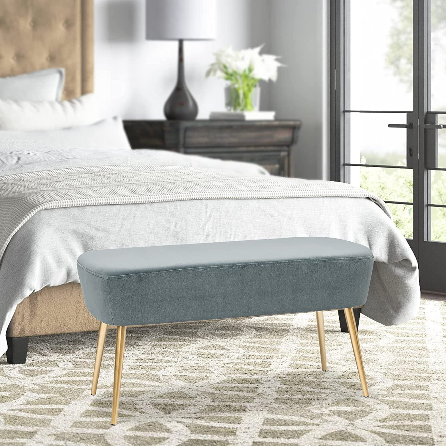 Bilot 35" Length Velvet Bedroom Bench, End Bed Ottoman Bench with