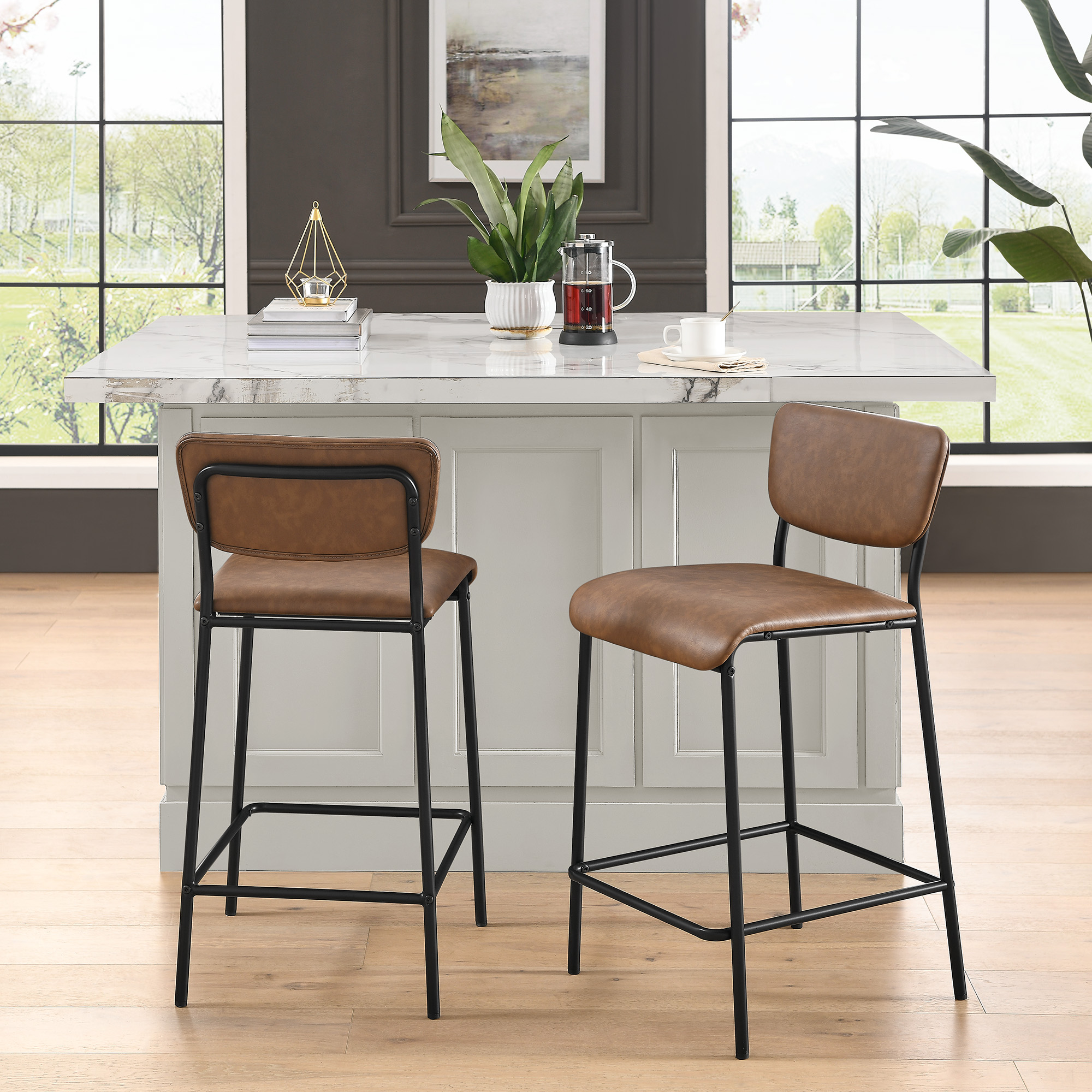 Set of 2 PU Leather Bar Stools, 25 inch Counter Height Barstool with