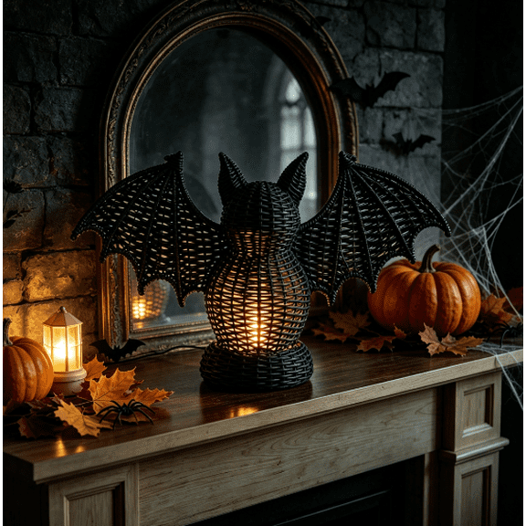 Halloween Bat Decor Woven Rattan Candle Holder - Black Wicker Bat Tealight Lantern with Light Shadow, Rustic Spooky Table Decor for Mantel Home Party