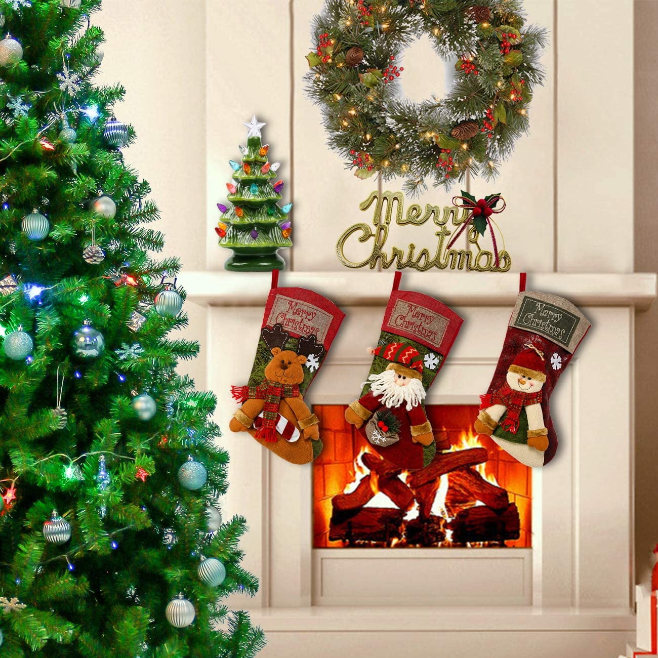 Bibana 3PCS 18" Christmas Stocking Classic Large Stockings Santa, Snowman, Reindeer Xmas Character for Family Holiday Christmas Party Decorations
