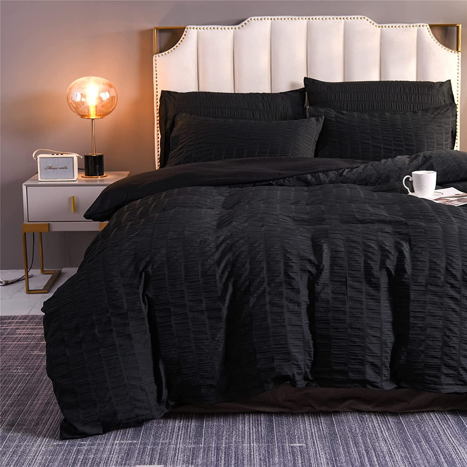 NTBED Black Seersucker Chic Comforter Set Hotel Style Bedding Sets