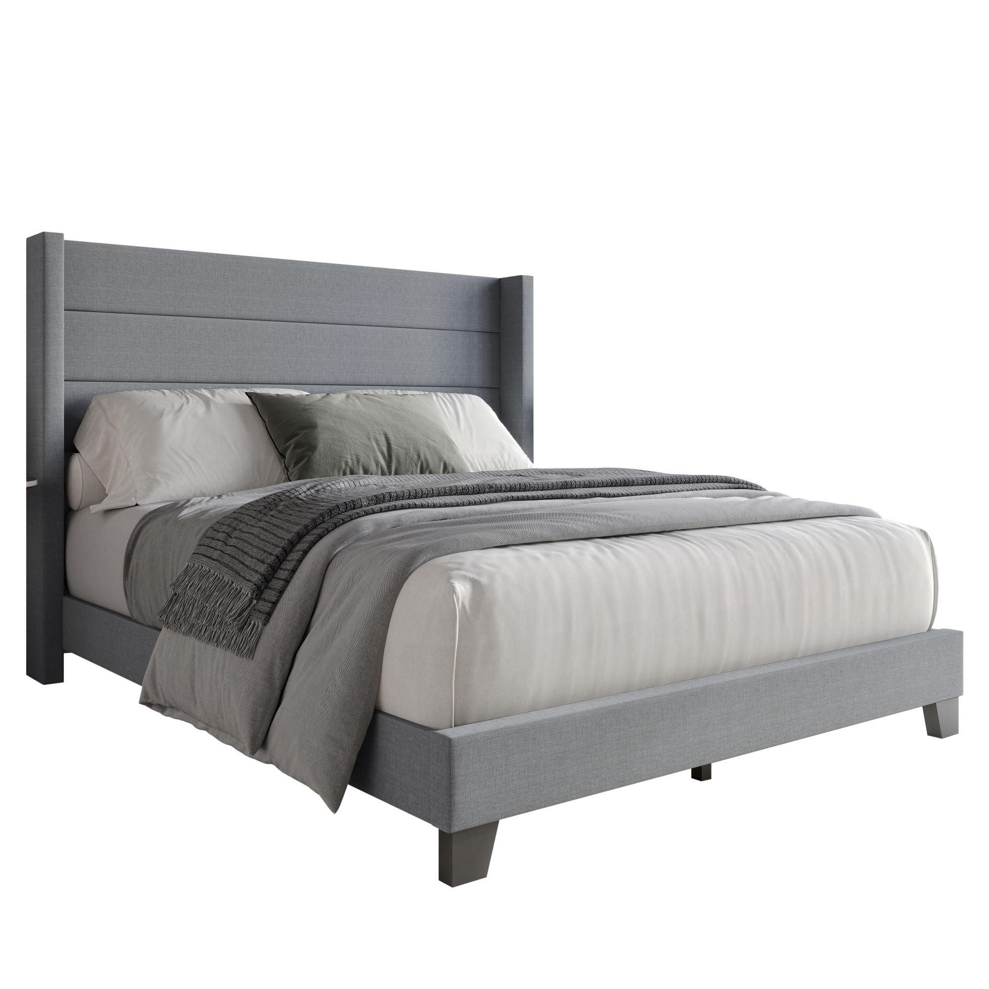 Home Design Niles Full Upholstered Panel Bed Frame with Wingback Headboard and Foam-Padded Support, Gray, Easy Assembly