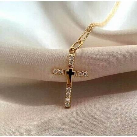 2Ct Round Cut Simulated Diamond Religious Cross Pendant 14k Yellow Gold Plated