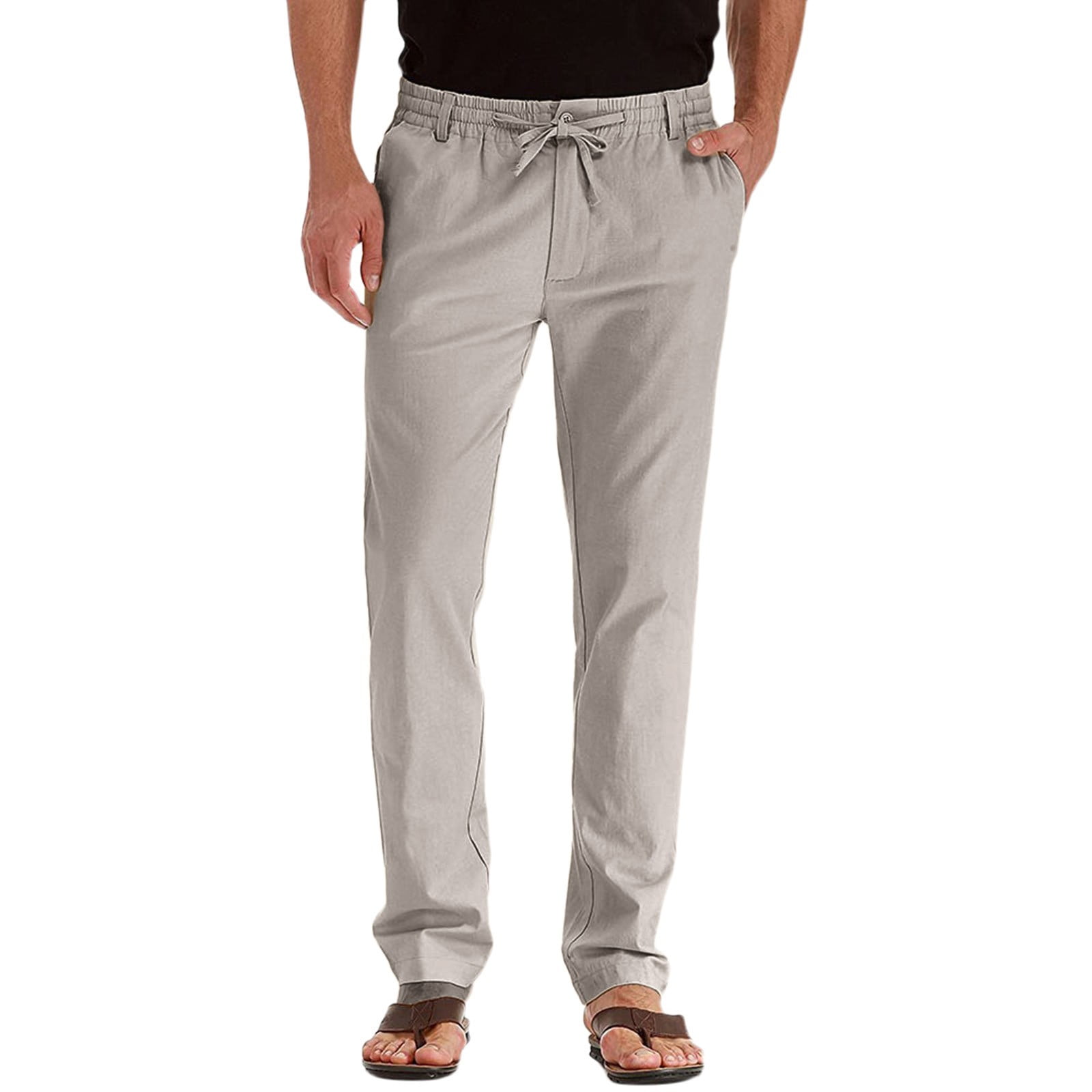 WEIYLL Men's Pants Casual Elastic Waist Adjustable Drawstring Beige Trousers Size XXL