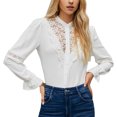 thumbnail image 1 of Blusa blanca de manga larga con detalle calado, estilo botonadura sencilla, talla L Blusa de encaje con volantes estilo retro, 1 of 6