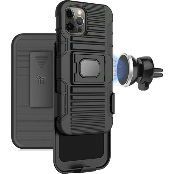 Nakedcellphone Black Rugged Case Cover [with Finger Grip Stand]   [Belt Clip Holster]   [Magnetic Car Mount] for Apple iPhone 12 Pro Max (6.7")