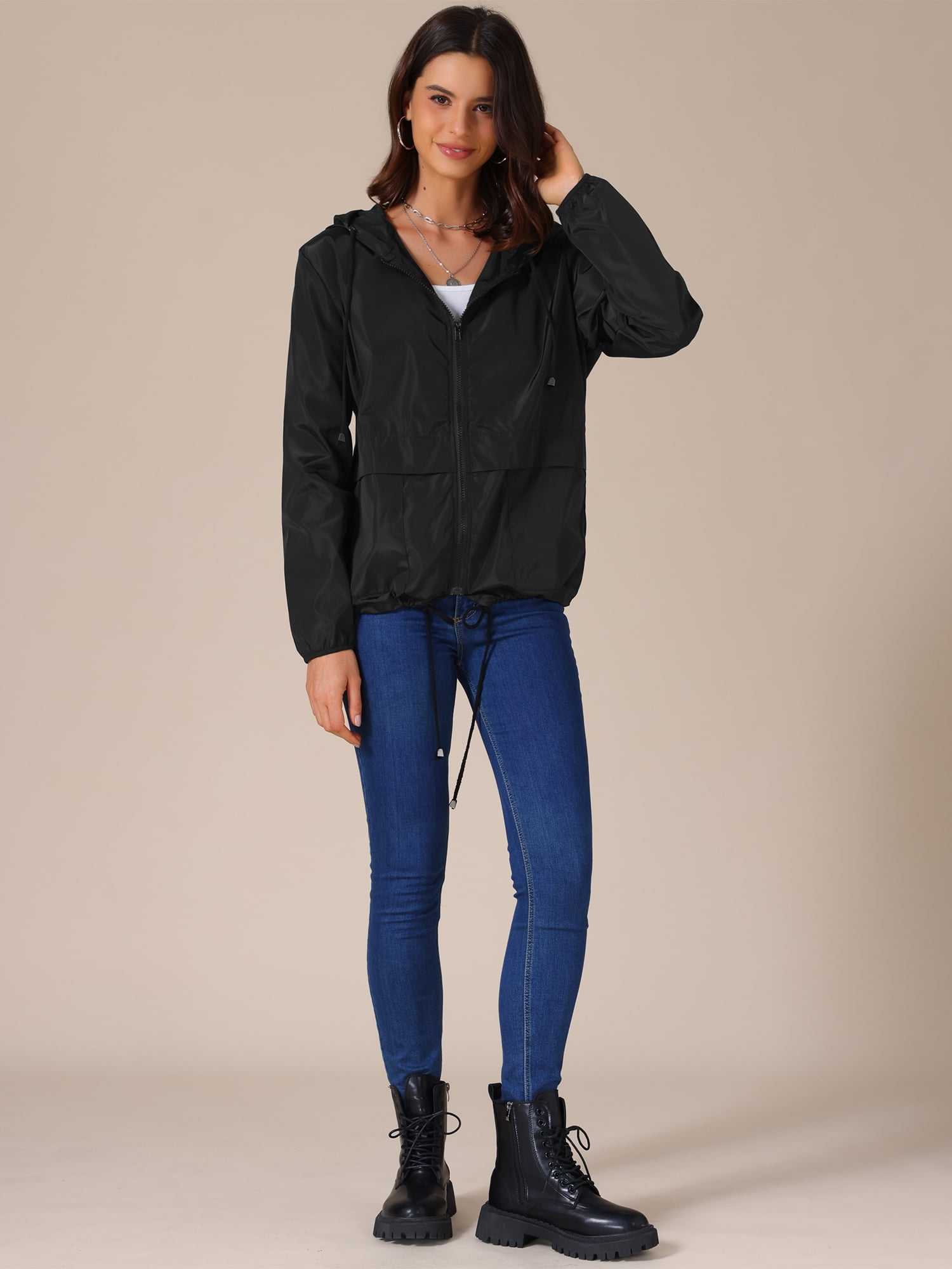 DARING DIVA Women's Lightweight Windbreaker Jacket with Hood Pockets L Black