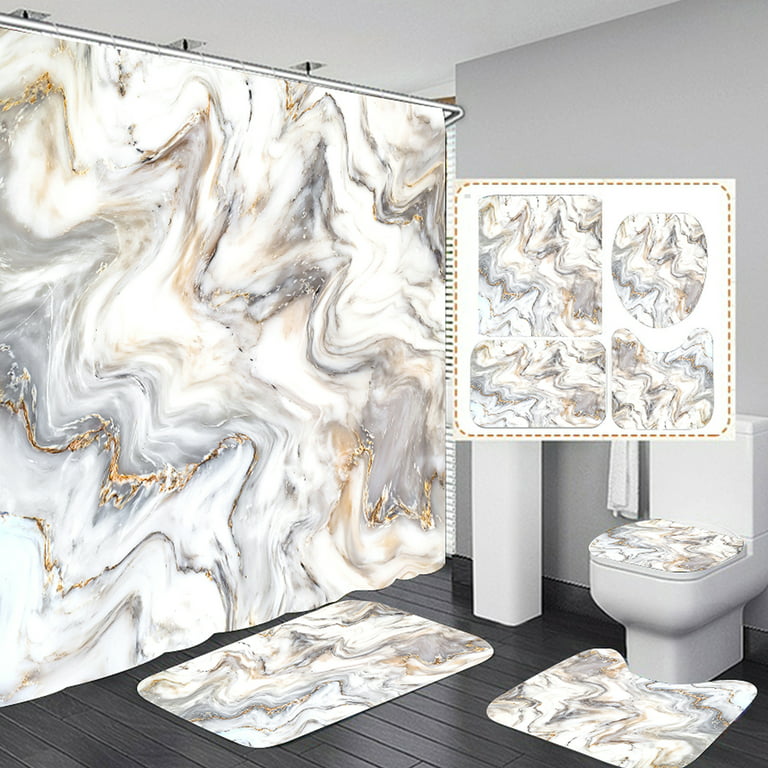 4 Pcs Shower Curtain Set Marble Black Gold Ombre Luxury Abstract Fluid  Modern With Non Slip Rugs Toilet Lid Cover And Bath Mat Bathroom Decor Set  72