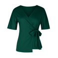 thumbnail image 3 of Cárdigan de manga corta cómodo de verano para mujer Blusa superior de color sólido con cordones Pompotops  qwe20427, 3 of 7