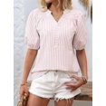 thumbnail image 6 of Womens Short Puff Sleeve Striped Blouses Top V Neck Loose Fit Casual Summer Work Blouses Striped Shirt Pink XL, 6 of 8