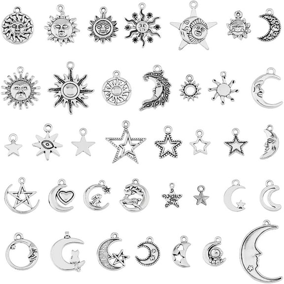 Sun Moon Star Charms Tibetan Style Moon Charms Alloy Sun Charms Silver Star Charms Mixed Styles Pendants Celestial Charms for Jewelry Making Necklace Bracelet Earring DIY Craft DIY