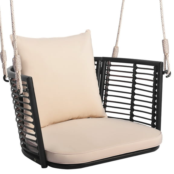 Gymax Outdoor Metal Porch Swing Single Person Hanging Seat w/ Woven Rattan Backrest Porch Backyard