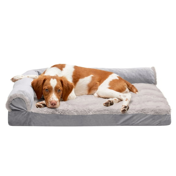 FurHaven Wave Fur & Velvet Deluxe Chaise Lounge Cooling Gel Memory Foam Sofa-Style Pet Bed for Dogs & Cats - Granite Gray, Medium