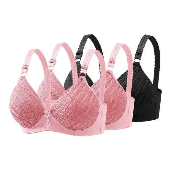 Fatuov Wireless Bras for Women Plus Size Full Coverage Embroidery Breathable Daily Bras for Work Seamless Push Up Lace T-Shirt Bras, 3-Pack, Black, 40B