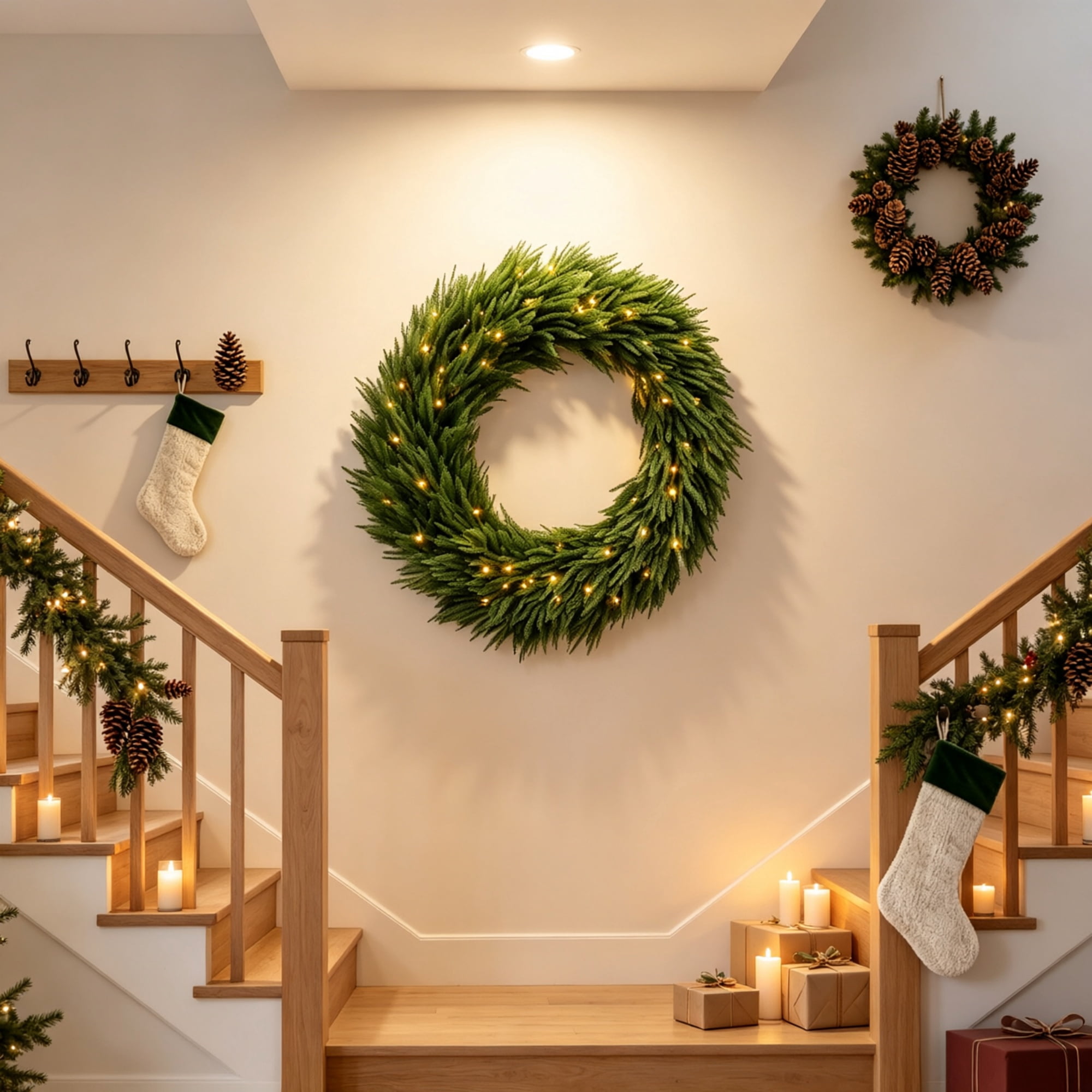 Artificial Christmas Wreath, 36 in Norfolk Pine Design with 100 Warm White LED Lights, 560 Branch Tips, Steel Frame, Indoor and Covered Outdoor Use