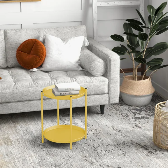 EVERITE Indoor & Outdoor Side Table 2-Tier, Weather-Resistant Steel Round End Table for Porch, Poolside, Bedroom, Living Room,Yellow