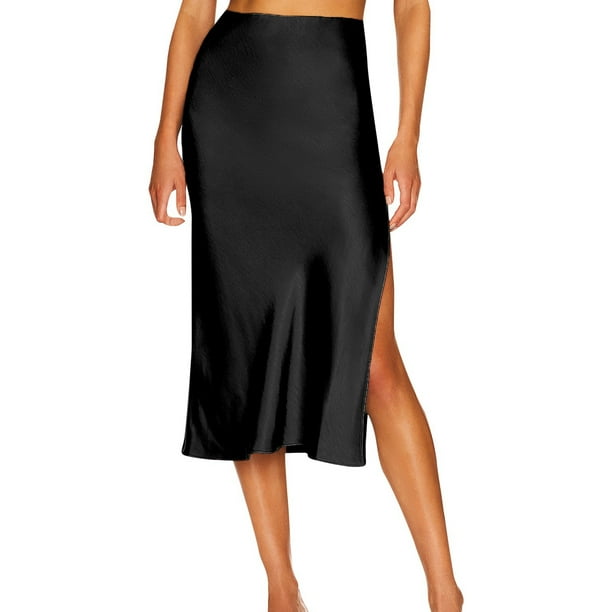Falda midi de satén con abertura y cintura alta para mujer - Cintura elástica, color liso - S-XL