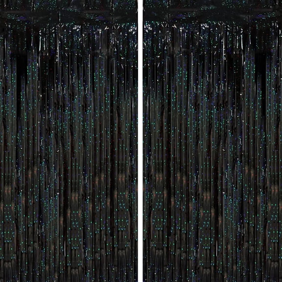 Laser Black Foil Fringe Backdrop Curtains,3.3x6.6ft, 2 Pack
