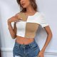 thumbnail image 4 of Camiseta sin mangas de verano para mujer, manga corta, cuello redondo, punto acanalado, bloque de color, camiseta sin mangas para mujer, 4 of 7